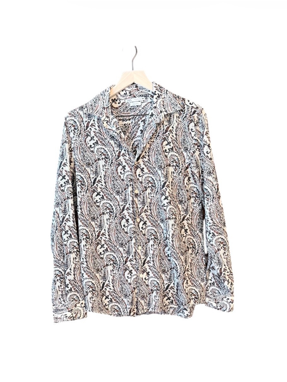 Zara Black and Brown Paisley Button-Up  Vacation Shirt with Crinkle Detail